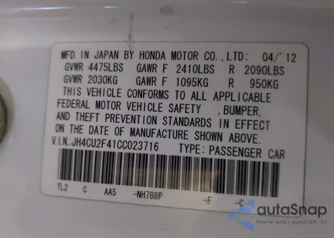 2012 Acura Tsx 2.4 z USA, uszkodzony, nr VIN JH4CU2F41CC023716